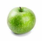 Ripe and juicy green apple a shank upwards isolated on a white background