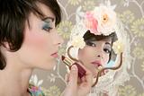 retro woman mirror lipstick makeup tacky