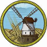 Label windmill drawn in a woodcut like method