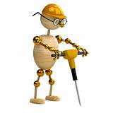 3d wood man  working with jackhammer