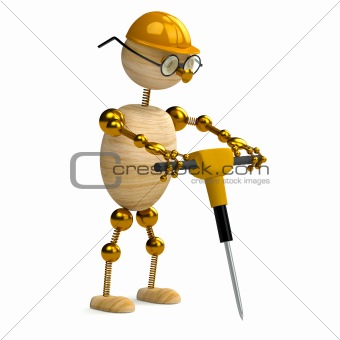 3d wood man  working with jackhammer
