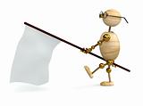 3d wood man is carrying flag