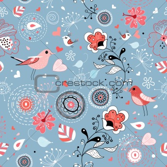 red floral graphic design with birds