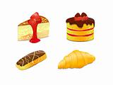variety of cake illustration. icon set, eclair, slice,croissant 