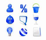 blue icon set - user, percent, bucket, bird, chat, cocktail, bal
