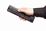 Hand with TV remote control isolated
