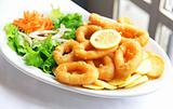 Deep batter fried squid rings calamari with green salad 