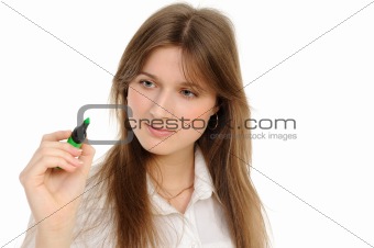 woman drawing something on screen with a pen 