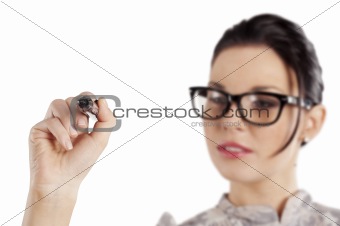 writing woman with glasses
