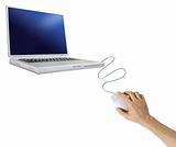 Hand with computer mouse and laptop isolated on white background