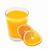 Glass of fresh juice and slices of orange isolated on white