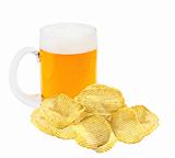 Potato chips and mug of beer isolated on white