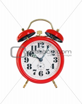red old style alarm clock isolated on white background