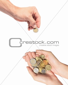 Hands with coins isolated on white background