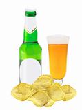 Beer bottle and glass of fresh beer and potato chips isolated on