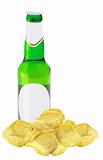 Beer bottle and potato chips isolated on white background