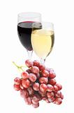 red and white wine in glasses and grape isolated on white backgr