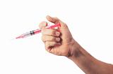 Syringe in man's hand isolated on white background
