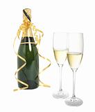Bottle of champagne and glass isolated on white background