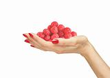 fresh raspberries in woman hand isolated on a white background