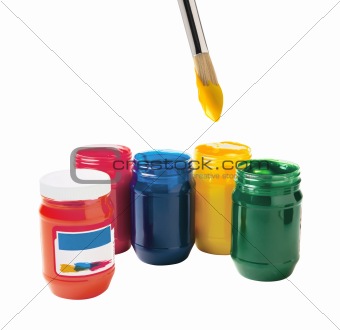 Opened paint buckets with brush isolated on white