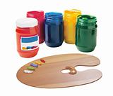 Colorful vibrant cans of gouache and wooden art palette isolated