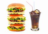 Cheeseburger and cola glass isolated on white background
