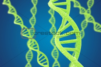 Green DNA helices on a blue background with shallow DOF