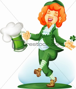Dancing leprechaun with goblet of green beer. Colored