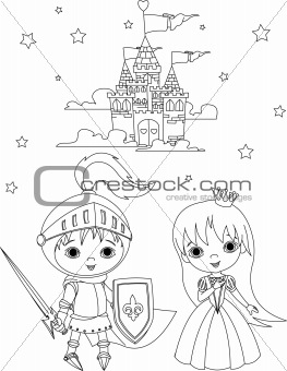 Medieval knight and princess coloring page 