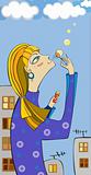 girl on a roof inflates soap bubbles