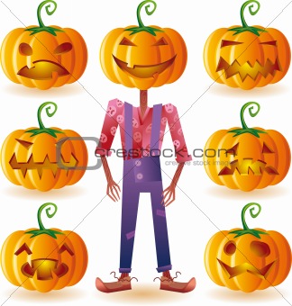 Seven pumpkins and one scarecrow
