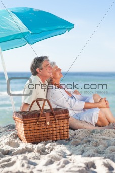 Elderly couple picniking on the beach