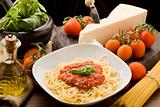 Pasta with tomatoe sauce and ingredients