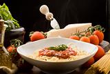 Pasta with tomatoe sauce and ingredients