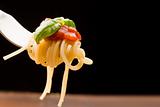 Spaghetti with Tomatoe Sauce and basil wrapped on fork