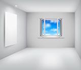 Empty white room with open window and frame