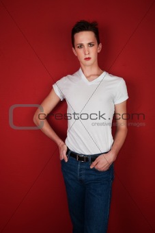 Young Man on Red Background