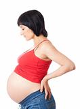 Pregnant woman in sideview with closed eyes over white backgroun