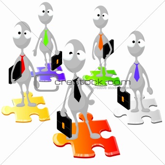 Business people standing on a puzzle.