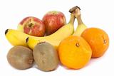 Apples, Oranges, Bananas and Kiwi Fruit on white