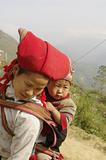 Red Hmong Sapa ethnic woman and baby