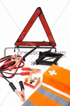 Emergency kit for car - first aid kit, car jack, jumper cables, warning triangle, light bulb kit, reflective vest