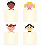 Cute happy multicultural children with blank banner
