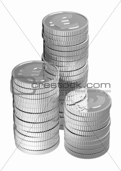 Stacks of silver euro coins isolated on a white background.