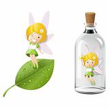 Fairy magic on fresh leaf and trapped in a bottle