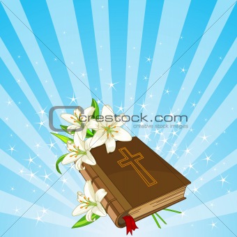 Bible and lily flowers background