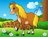 Cartoon horse on spring meadow