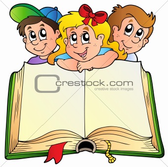 Three children with opened book