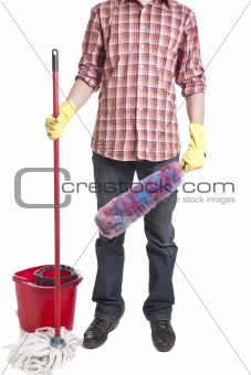 Young sweeping man workwear. Isolated on white background